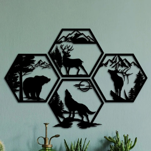 Iron Hexagon Forest Animal Wall Art Set