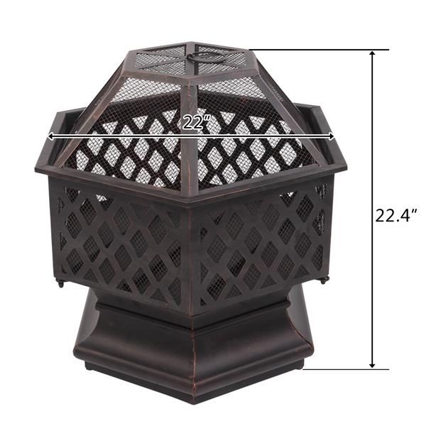 22" Hexagonal Shaped Iron Brazier Wood Burning Fire Pit