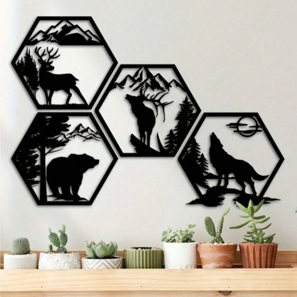 Iron Hexagon Forest Animal Wall Art Set