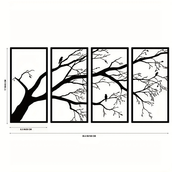 Iron Bare Branch & Bird 4-Panel Wall Art