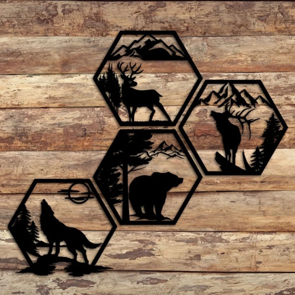 Iron Hexagon Forest Animal Wall Art Set