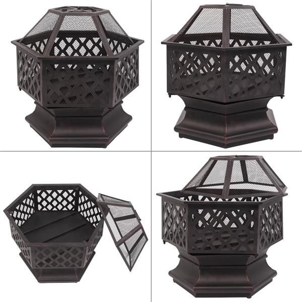 22" Hexagonal Shaped Iron Brazier Wood Burning Fire Pit