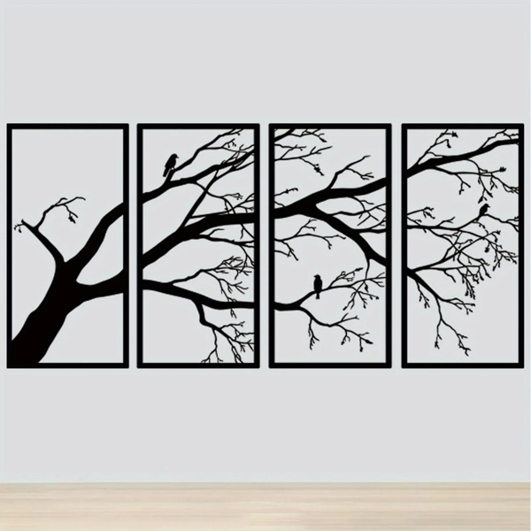 Iron Bare Branch & Bird 4-Panel Wall Art