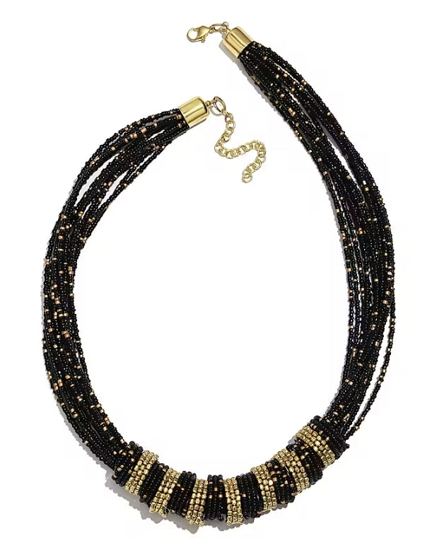 Black and Gold Seed Bead Necklace Multistrand