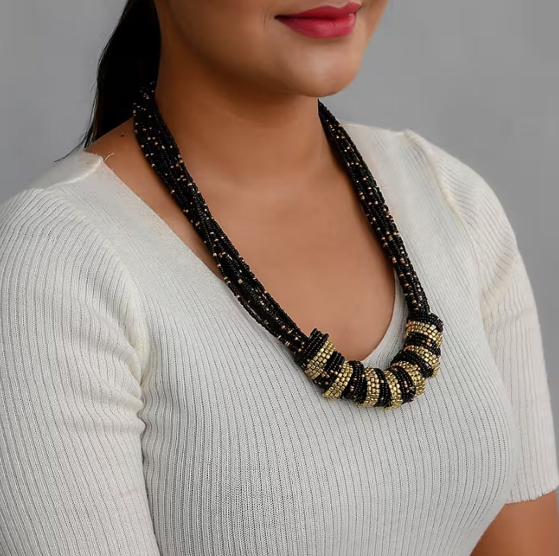 Black and Gold Seed Bead Necklace Multistrand