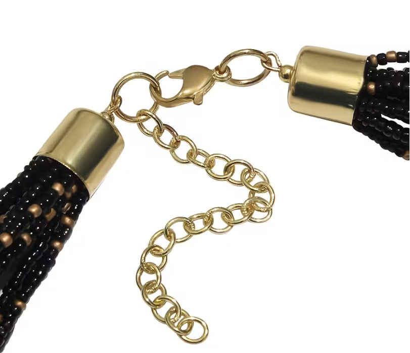 Black and Gold Seed Bead Necklace Multistrand