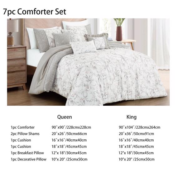 7 PCS Botanical Leaves Printed Comforter Set Embroidered Bed in a Bag Queen
