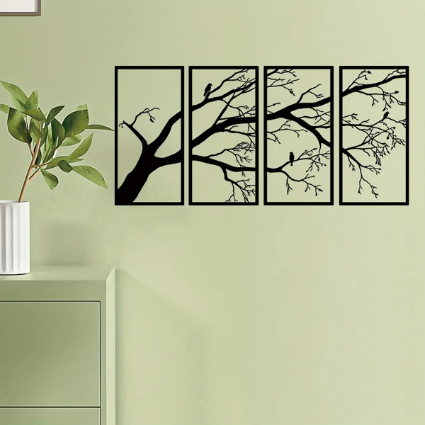 Iron Bare Branch & Bird 4-Panel Wall Art