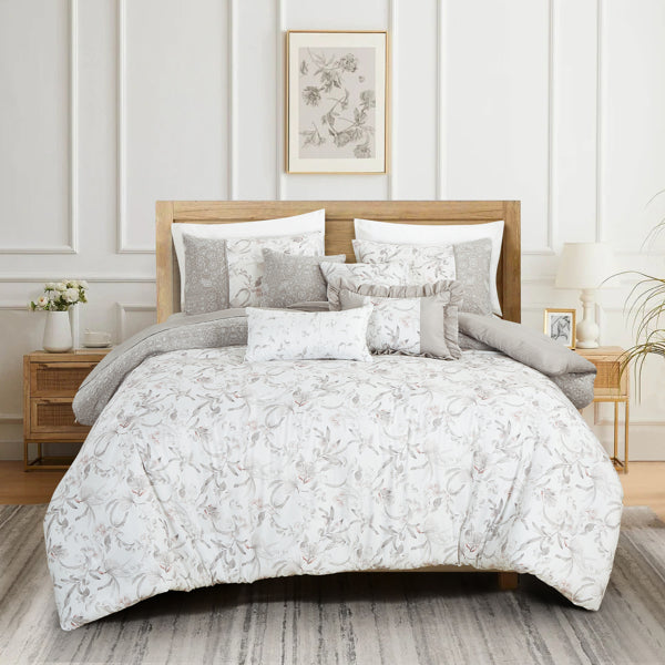 7 PCS Botanical Leaves Printed Comforter Set Embroidered Bed in a Bag Queen