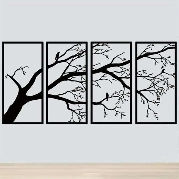 Iron Bare Branch & Bird 4-Panel Wall Art