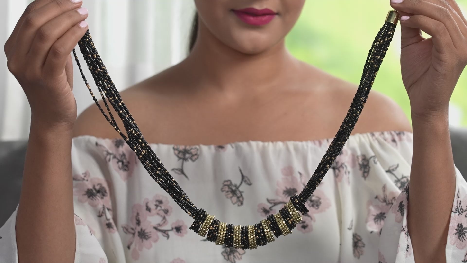 Black and Gold Seed Bead Necklace Multistrand